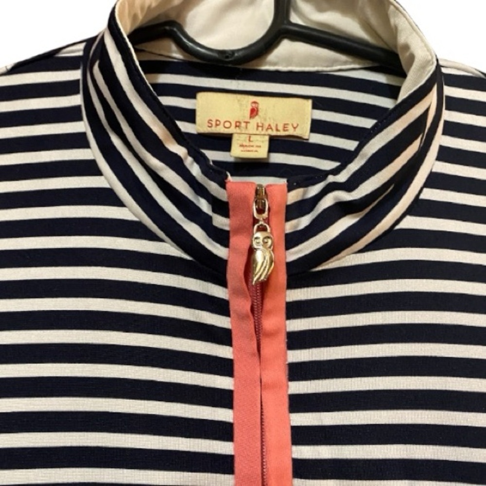 Sport Haley Navy and White Striped Long Sleeve Tee with Pink Zipper size L - Picture 3 of 8